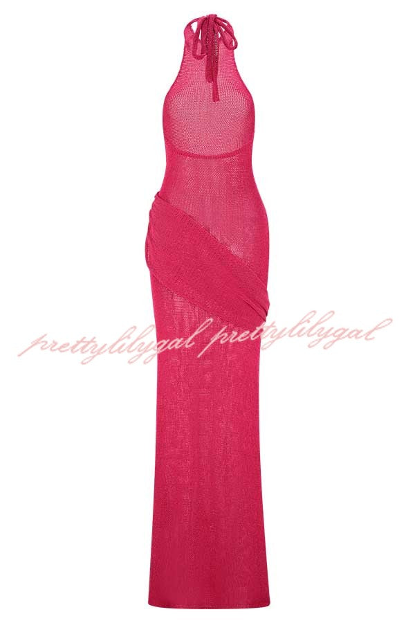 Quiet Confidence Knit Ruched Hip Halter Backless Stretch Maxi Dress