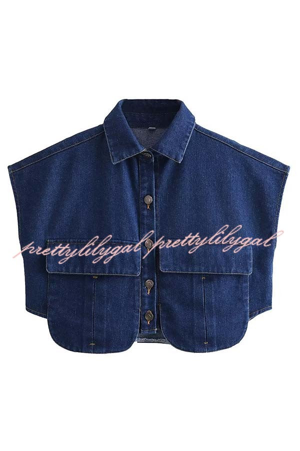 Stylish Weekend Denim Button Up Cape Sleeve Pocket Crop Top