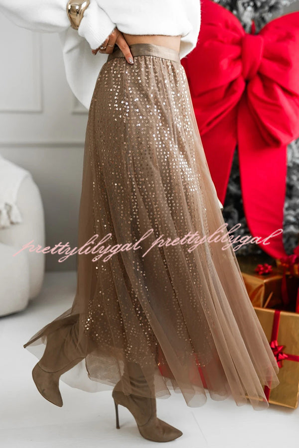Party Daydream Sequin Tulle High Rise Elastic Waist Maxi Skirt