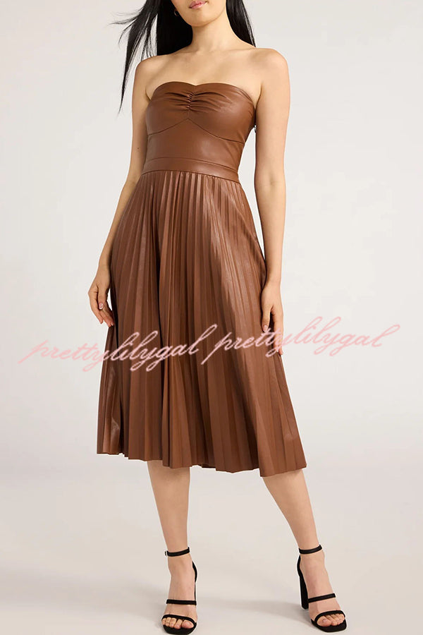 My Juliet Faux Leather Off Shoulder Strapless Pleated Stretch Midi Dress