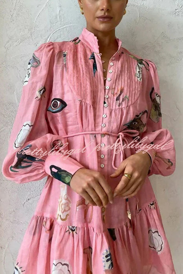 Unique Print Single Breasted Balloon Sleeve Tie Waist Ruffled Mini Dress