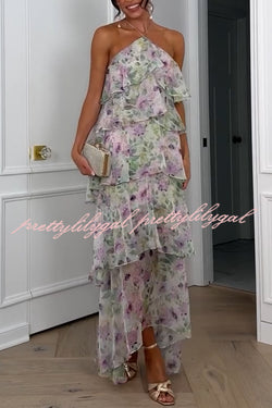 Cocktail Party Sheer Floral Georgette Halter Flowy Tiered Maxi Dress