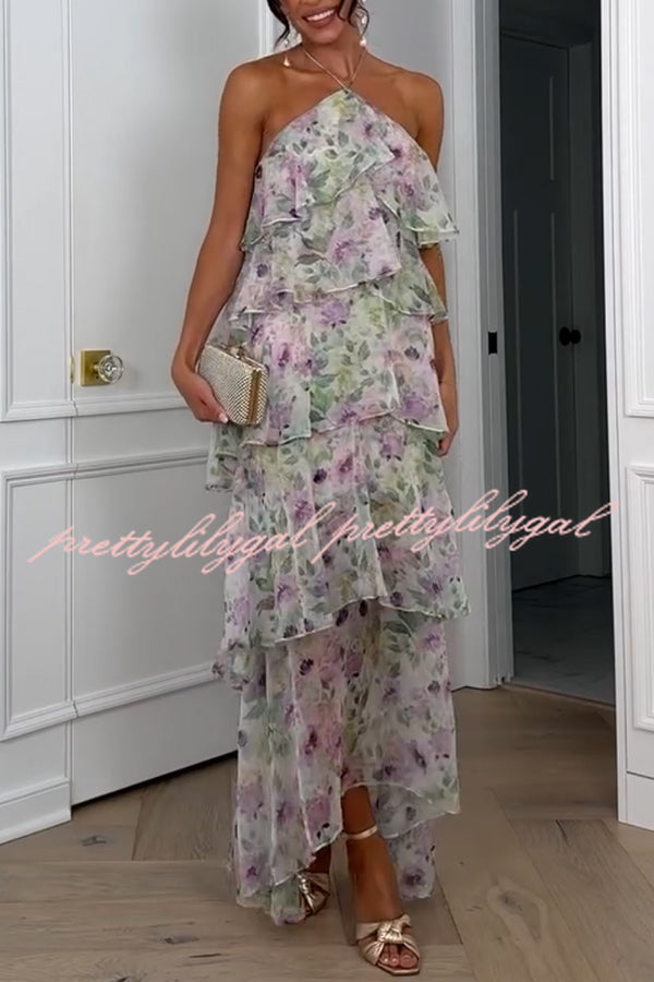 Cocktail Party Sheer Floral Georgette Halter Flowy Tiered Maxi Dress
