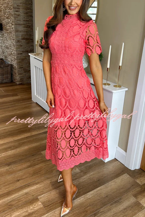 Elegant Crocheted Cutout Lace Short-sleeved Stand-collar Midi Dress