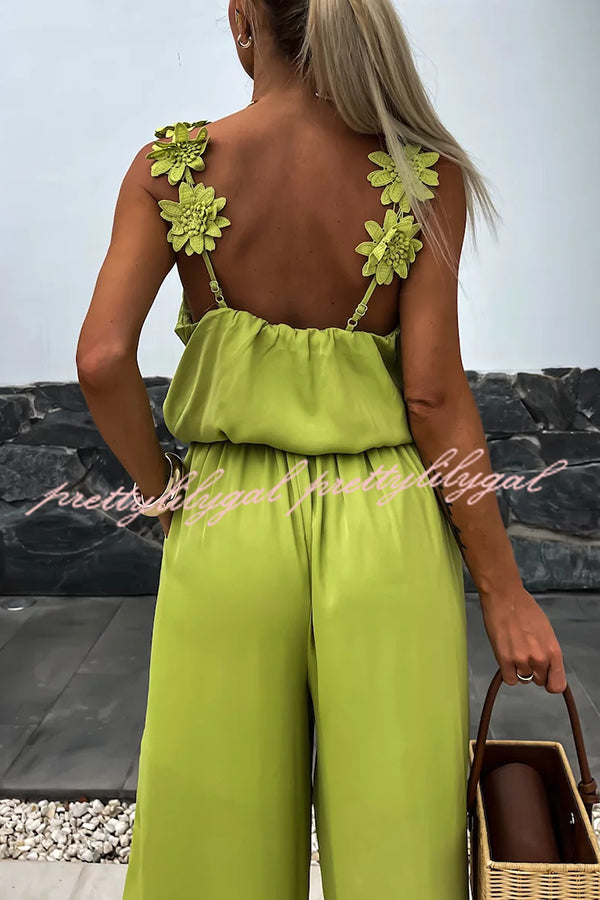 Solid Color Embroidered Flower Suspenders Casual Loose Jumpsuit