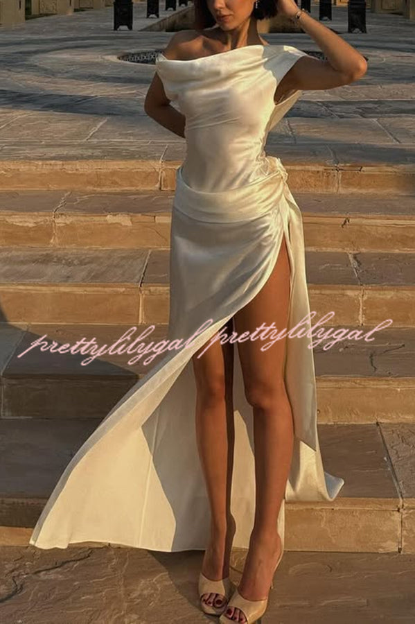 Darling Satin Cowl Neck 3D Rose Detail Backless Slit Drape Maxi Dress