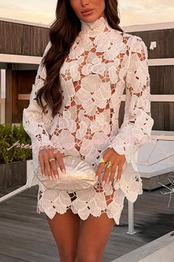Tropica View Crochet Lace Seashell High Neck Long Bell Sleeve Mini Dress