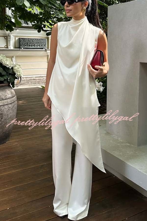 Simply Luxe Satin High Neck Irregular Hem Top and Elastic Waist Flare Loose Pants Set