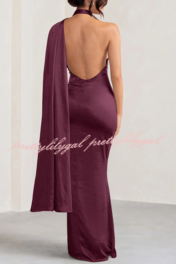 VIP Party Satin Asymmetric Scarf Neck Backless Maxi Dress