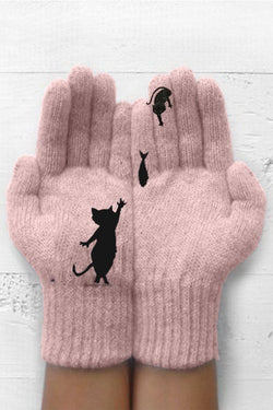 Printed Knitted Gloves Short Thickened Warm Finger Gloves-Cat