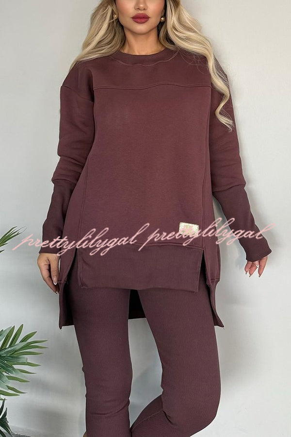 Solid Color Crew Neck Long Sleeve Top and Casual Stretch Pants Set