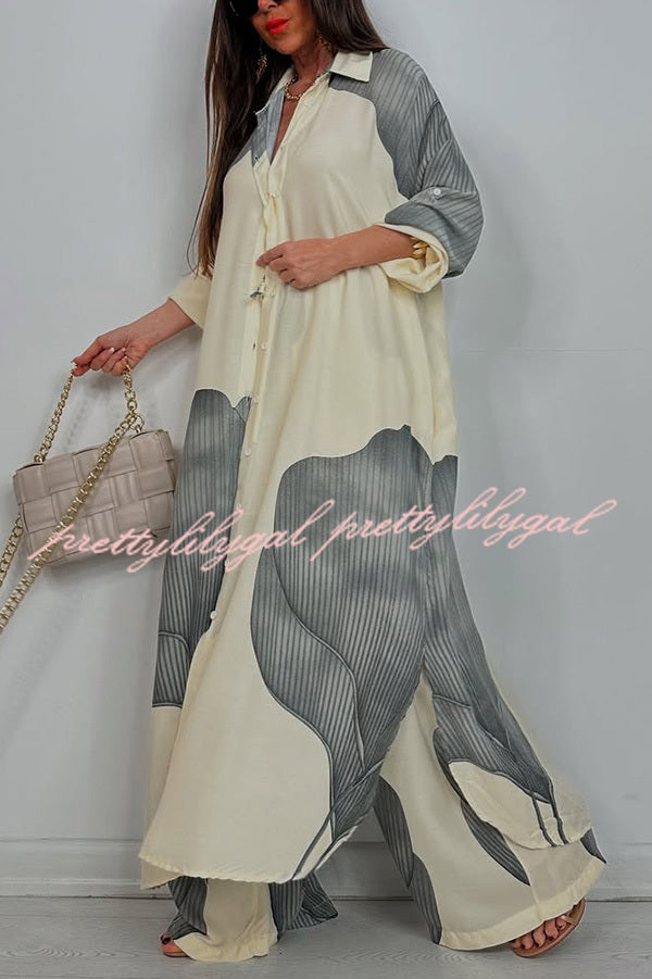 Unique Printed Casual Loose Long Shirt and Elastic Waist Pocket Wide Leg Pants Set
