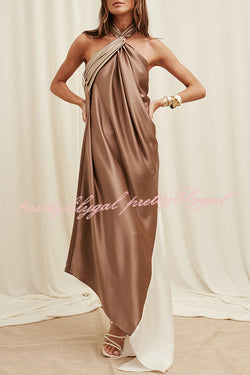 Elegant Whisper Satin Colorblock Halter Asymmetrical Hem Drape Maxi Dress