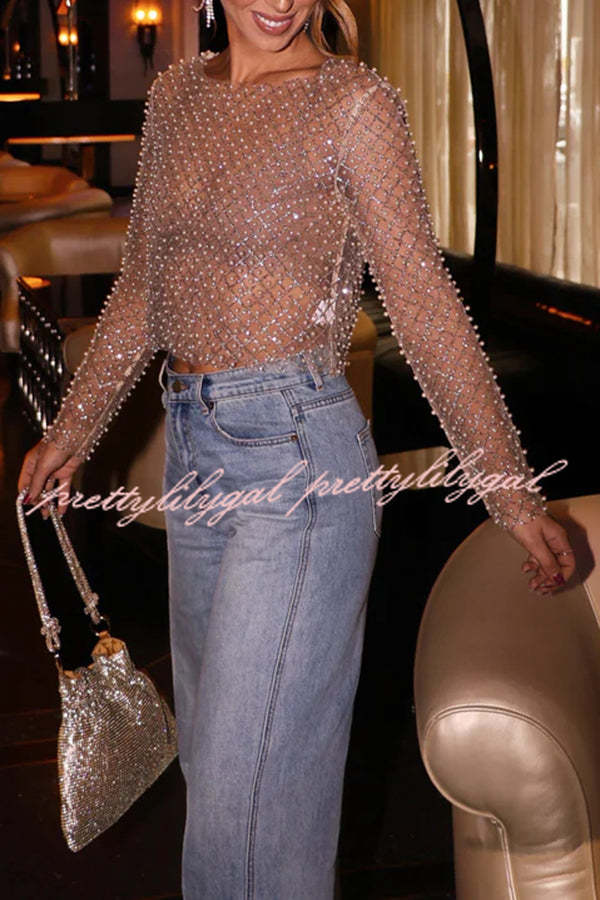 Champagne Kiss Sparkling Pearls Long Sleeve Loose Sheer Top