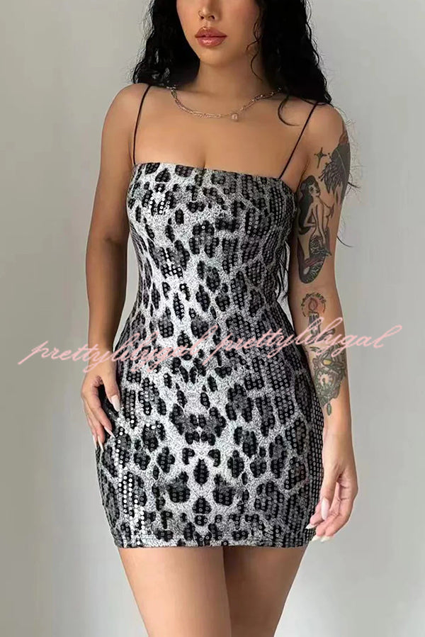 Leopard Print Sequin Sexy Sling Slim Fit Mini Dress