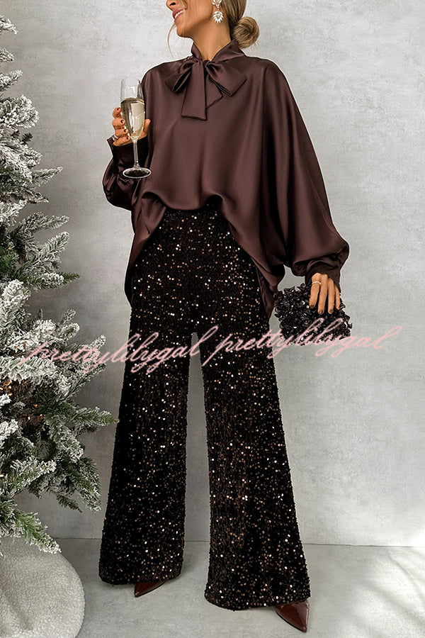 Chic and Merry Satin Bow Neck Batwing Sleeve Loose-fitting Blouse