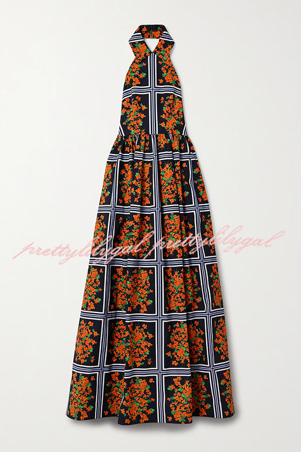 Floral Print Sexy Halter Neck Backless Elegant Maxi Dress