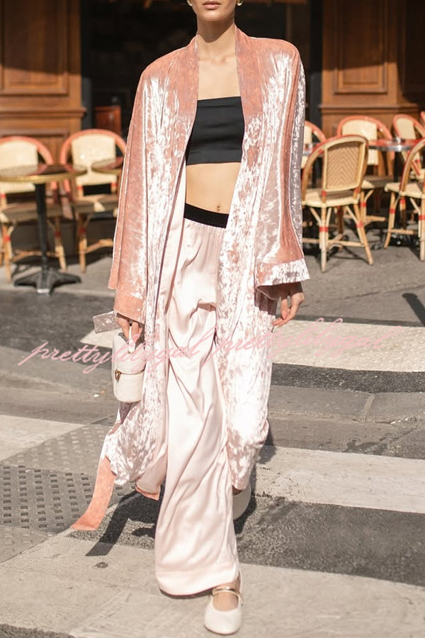 Gorgeous Glossy Velvet Long Bell Sleeve Tie-up Pocket Midi Kimono Coat
