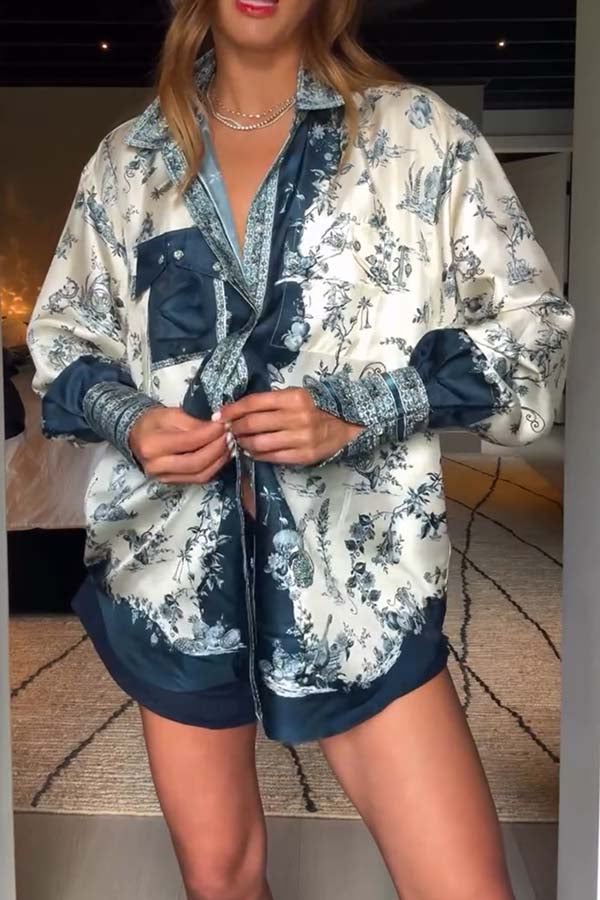 Bohemian Elegant Satin Contrast Color Unique Print Button Up Pocket Loose Blouse