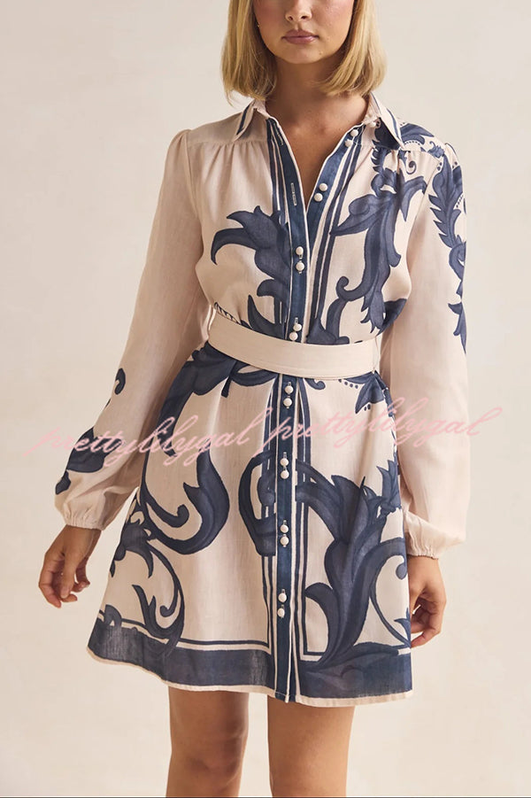 Botanical Print Lapel Puff Sleeve Vintage Belt Loose Mini Dress