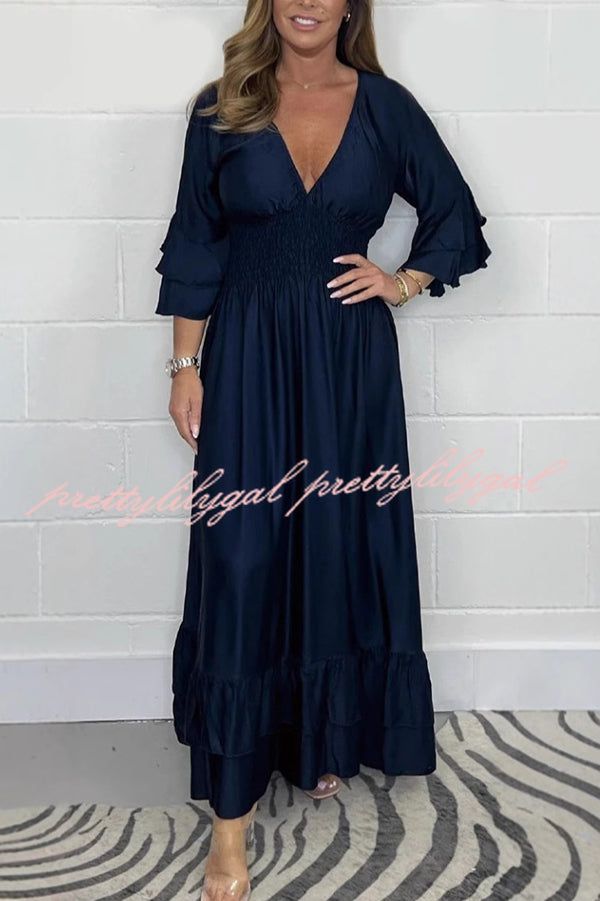 Solid Satin V-Neck Ruffle Sleeve Pleated Waist Maxi Dress