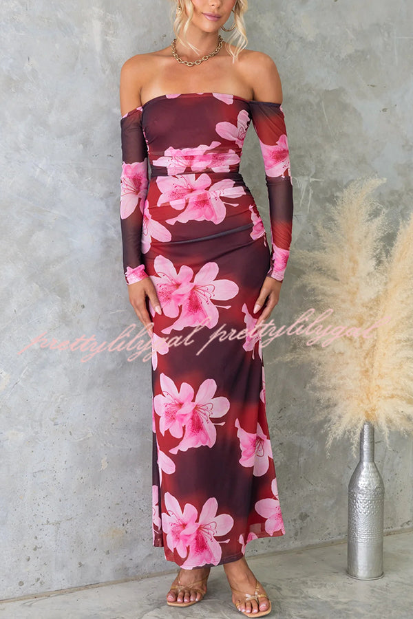 Floral Fantasy Mesh Off Shoulder Long Sleeve Stretch Maxi Dress