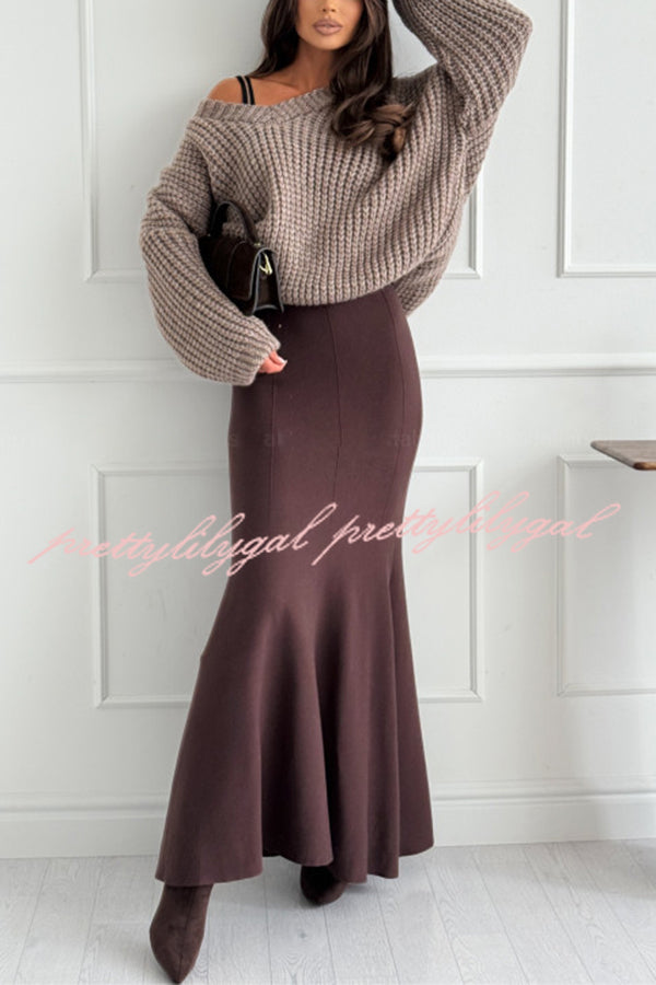 Caitlin Knit Stretch Fabric High Waist Fishtail Casual Maxi Skirt