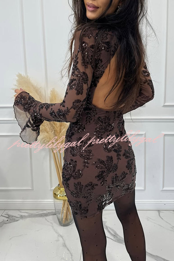 Deep and Dazzling Floral Texture Sequin Long Bell Sleeve Open Back Mini Dress