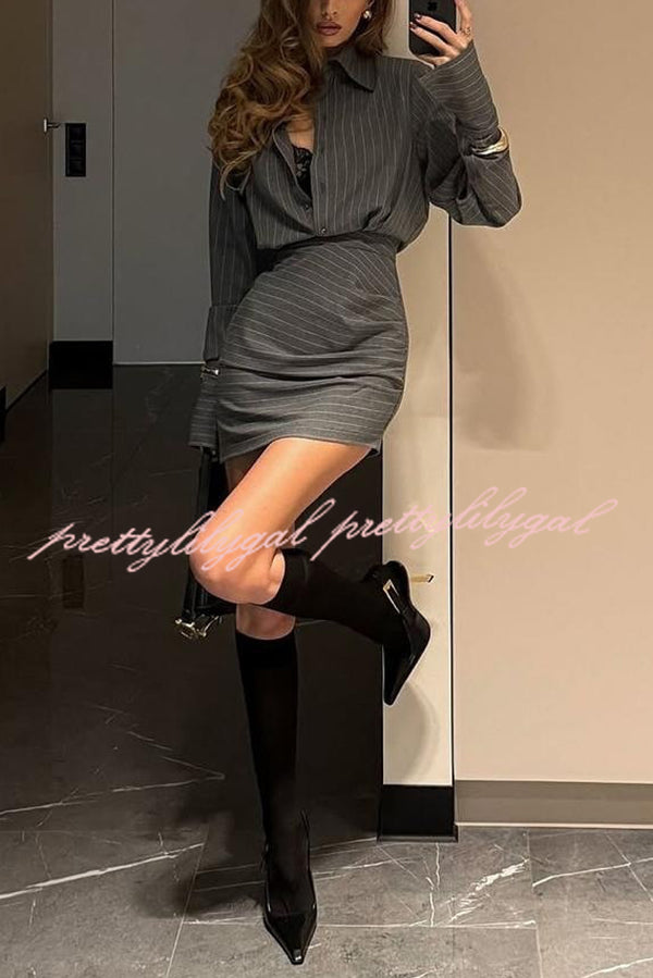 Striped Print Long Sleeve Button-Down Shirt and Hip-Wrap Mini Skirt Set