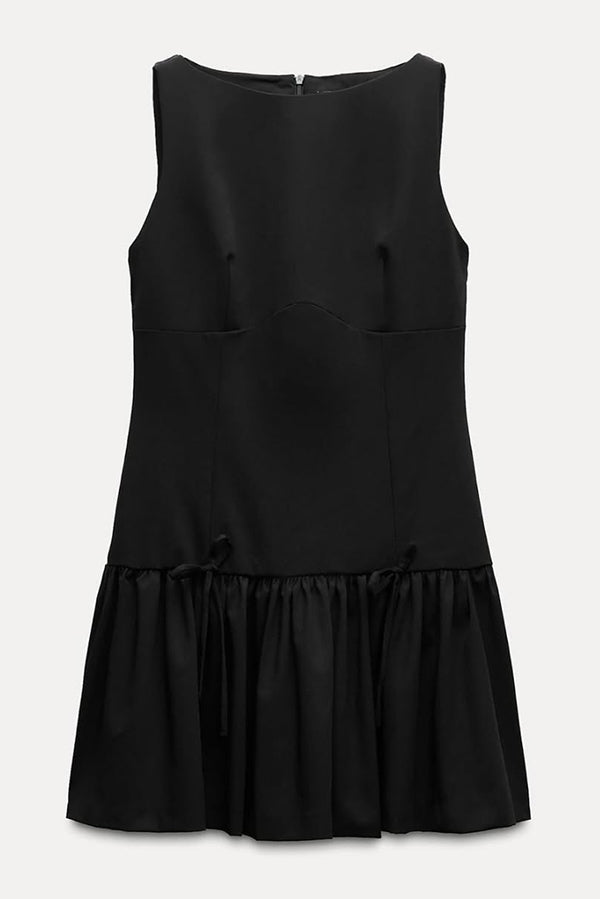 Solid Bow Round Neck Sleeveless Mini Dress