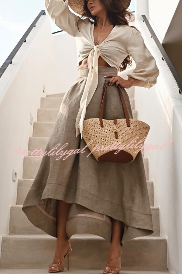 Lets Go Out Linen Blend Balloon Sleeve Wrap Tie-up Loose Top
