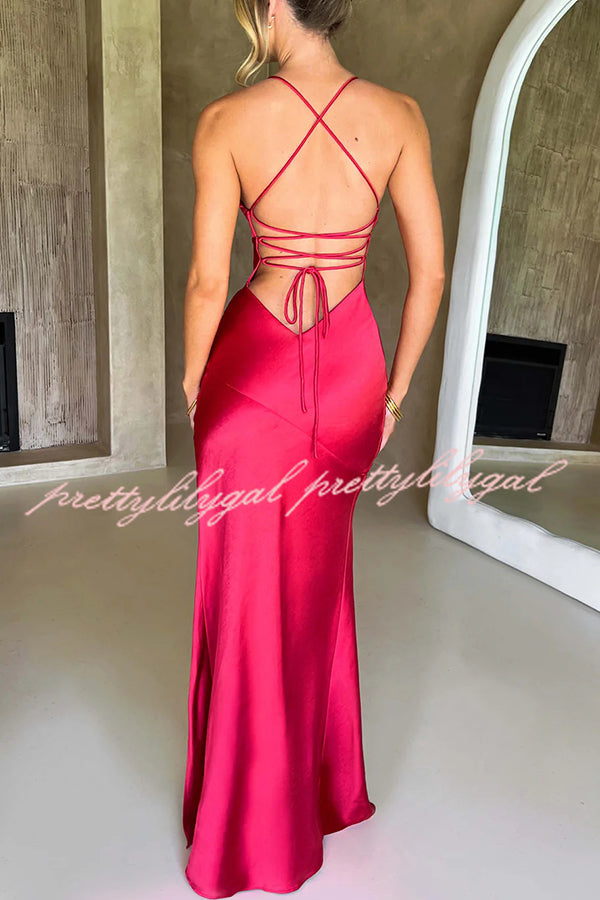 Satin Solid Color Sexy Backless Lace Up High Slit Maxi Dress