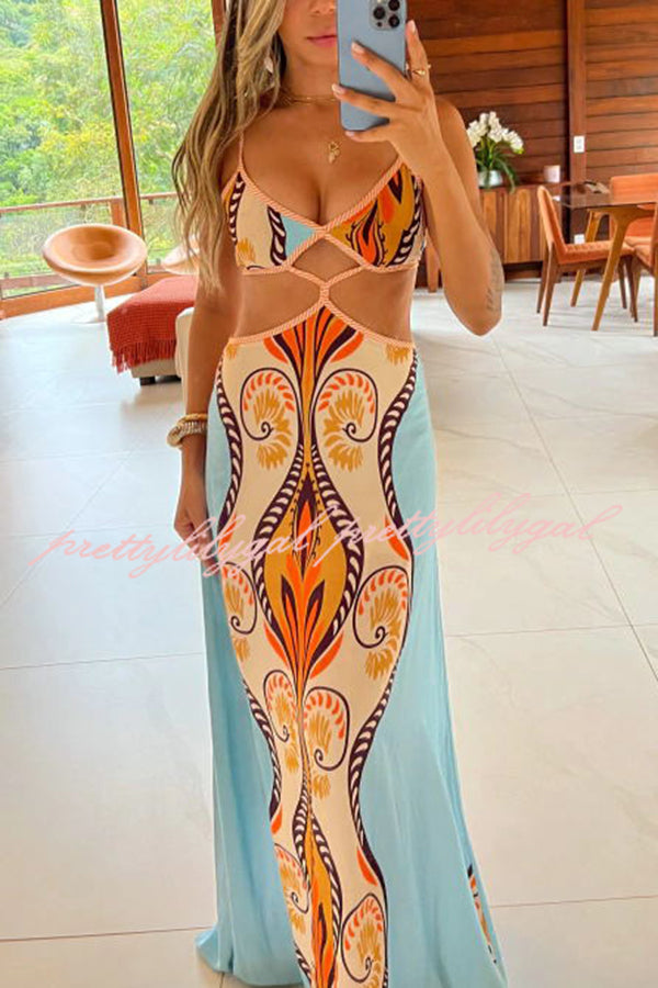 Summer Symphony Linen Blend Ethnic Unique Print Cutout Waist Back Tie-up Maxi Dress