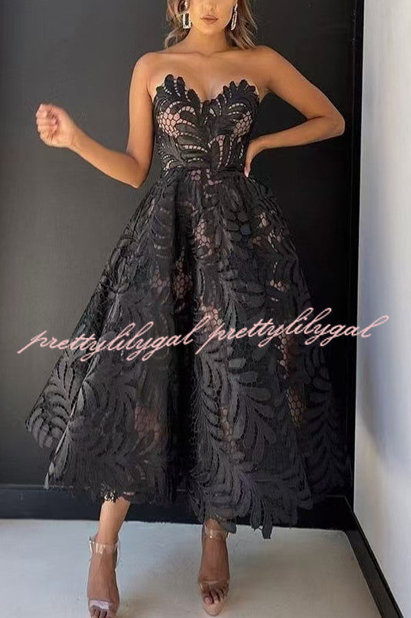 Elegant Openwork Lace Strapless Full-hem Midi Dress