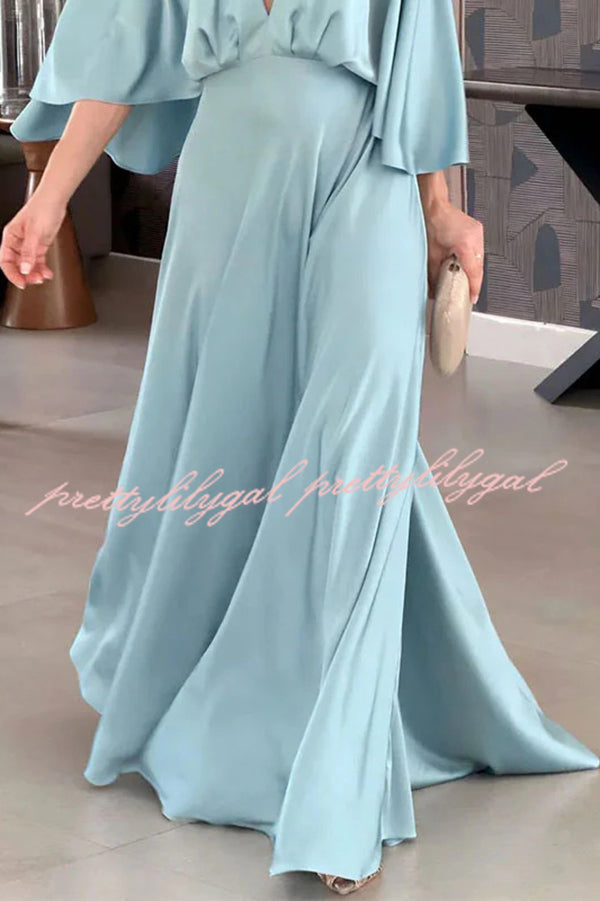 Solid Color V Neck High Waist Slit Casual Maxi Dress