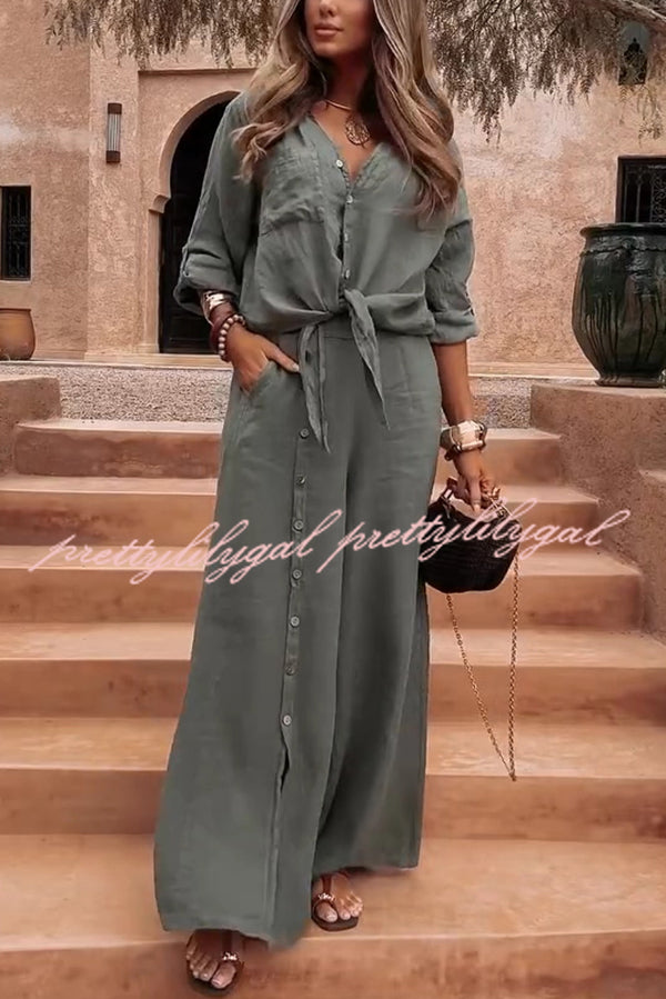 Solid Color Lapel Casual Button-down Shirt and Loose Pocket Slit Wide-leg Pants Set