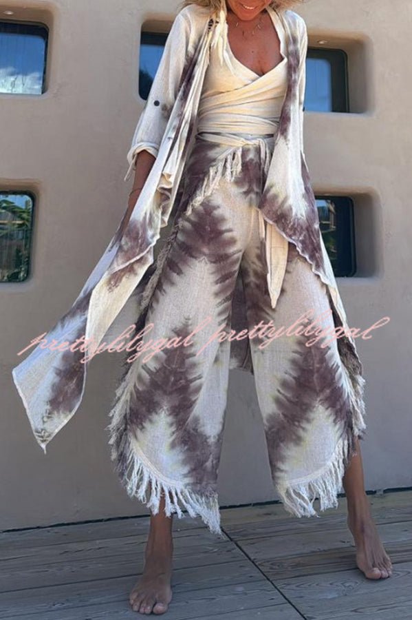 Kailani Linen Blend Tie-dye Print Irregular Hem Duster Kimono