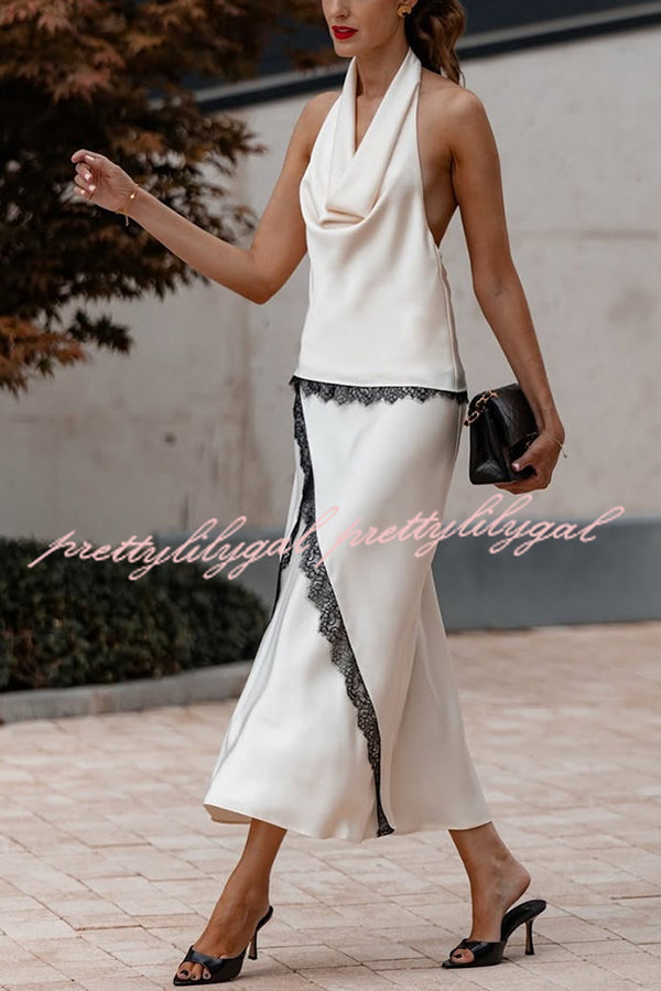 Iriena Satin Lace Trim Cowl Halter Neck Tank and Mid Rise Midi Skirt Set