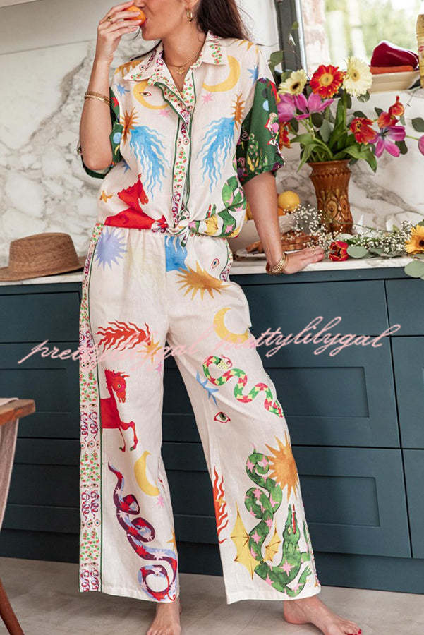 Bohemian Beauty Unique Print Short Sleeve Loose Shirt and Elastic Waist Pants Set