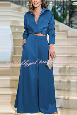 Satin Solid Color Lapel Long Sleeve Blouse and Loose-fitting Pocket Wide Leg Pants Set