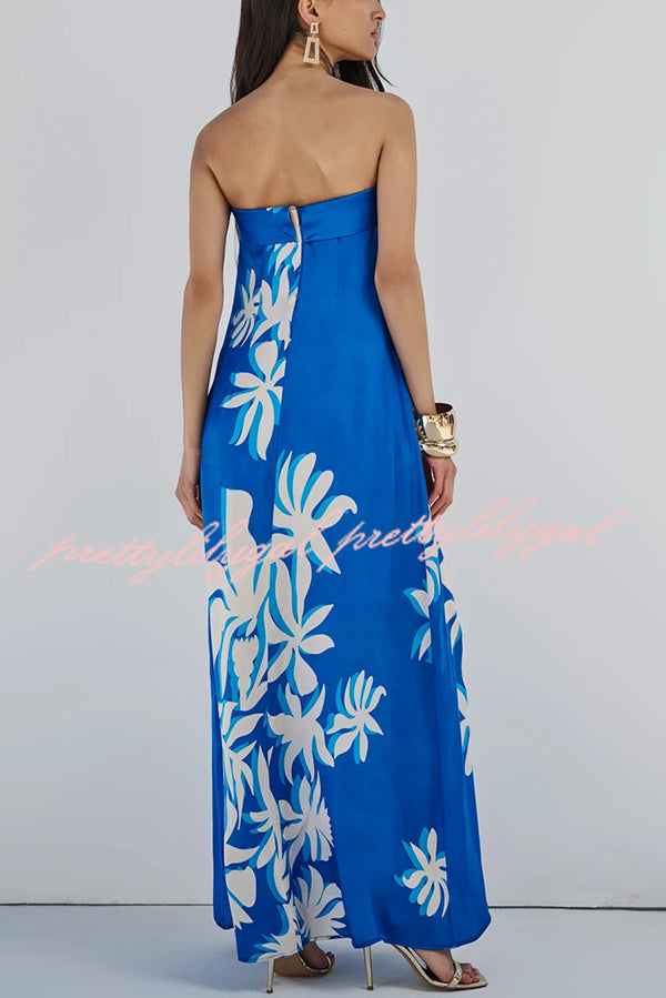 Fashion Vacation Satin Unique Print Off Shoulder Maxi Dress