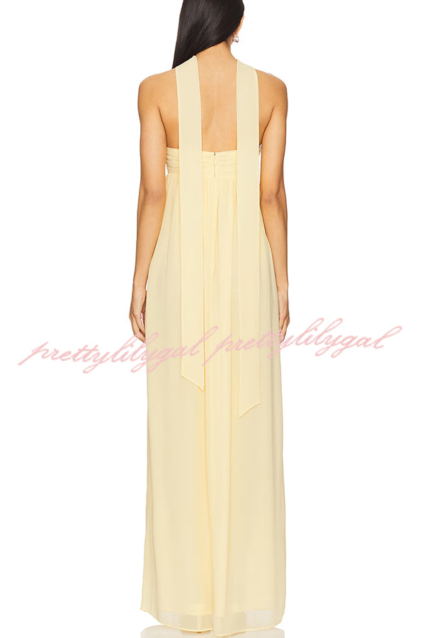 Butter Yellow Ruched Bust Off Shoulder Scarf A-line Maxi Dress
