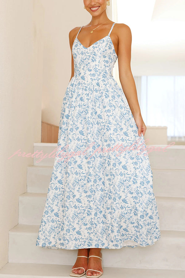 Floral Print V-Neck Sleeveless Back Tie Pocket Maxi Dress