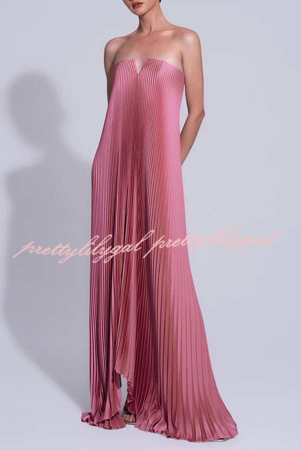 Darling Moment Satin Fabric Off Shoulder V-neck Asymmetric Hem A-line Maxi Dress