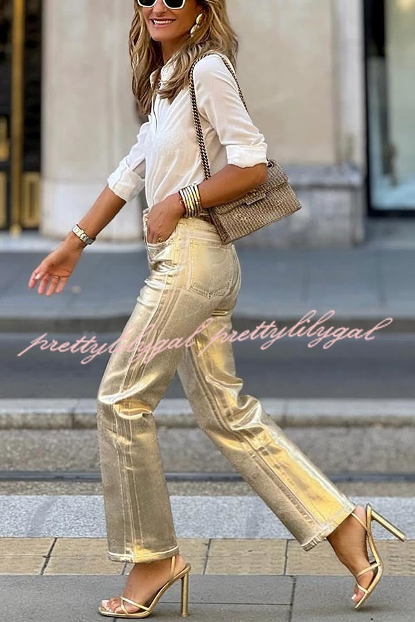 Infinite Ideas Retro Metallic Fabric High Waist Pocketed Straight Pants