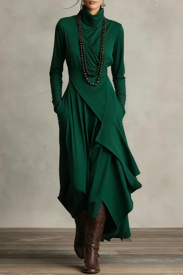 high neck maxi dress casual Solid Color High-neck Long-sleeved Irregular Casual Maxi Dress –  prettylilygal