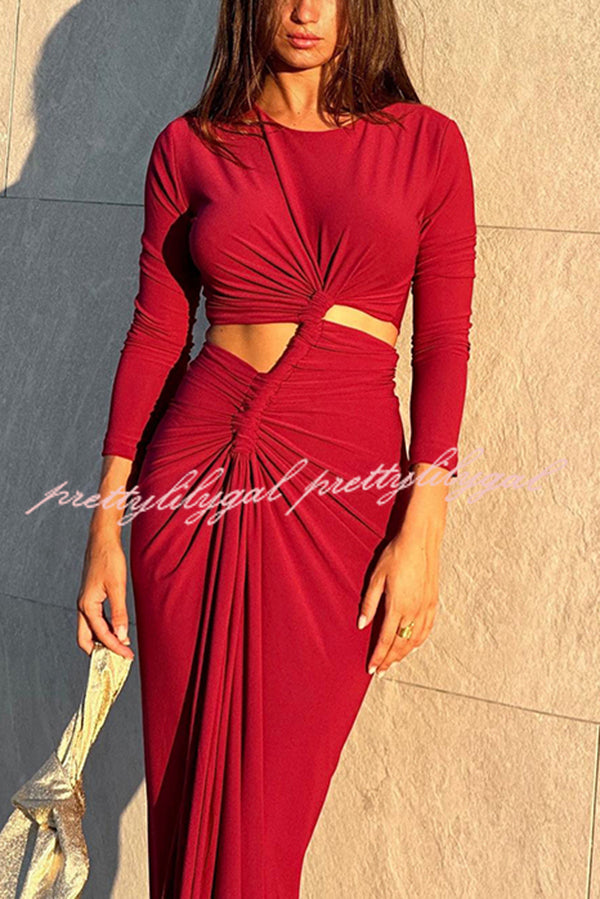 Solid Color Round Neck Long Sleeve Sexy Exposed Waist Slit Maxi Dress