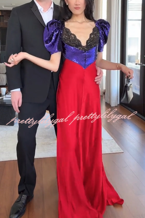 Like Snow White Sequin Lace Puff Sleeve Satin Hem Maxi Dress