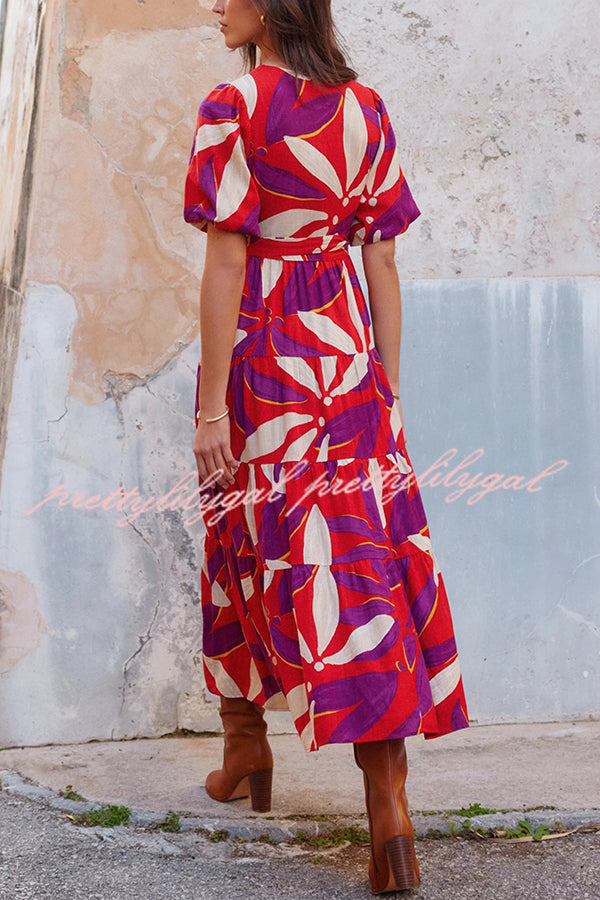 Unique Printed Waist Lace Up Slit Maxi Dress