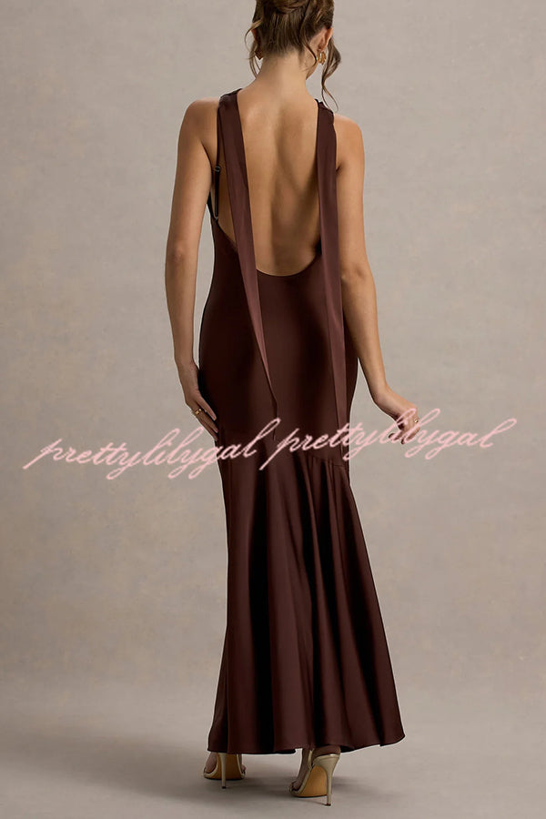 Timeless Sophistication Satin Cowl Detail Back Self-tie Halter Neck Maxi Dress